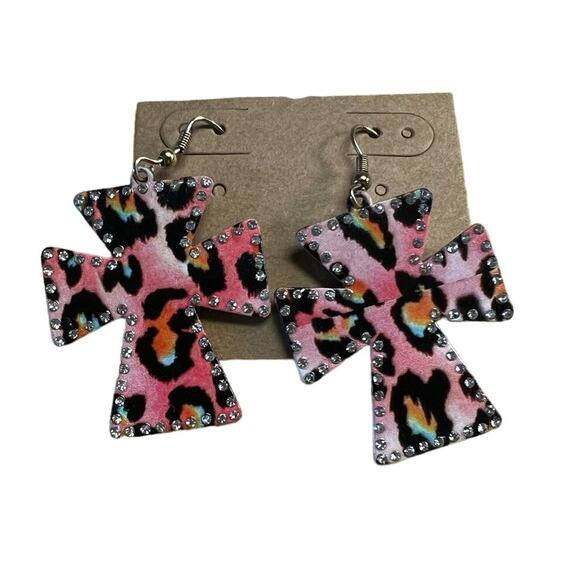 Pink Animal Print Crystal Embellished Metal Cross Earrings - Picture 1 of 3